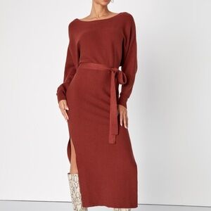 Lulus Cozy Captivation Rust Ribbed Dolman Sleeve Midi Sweater Dress Brown